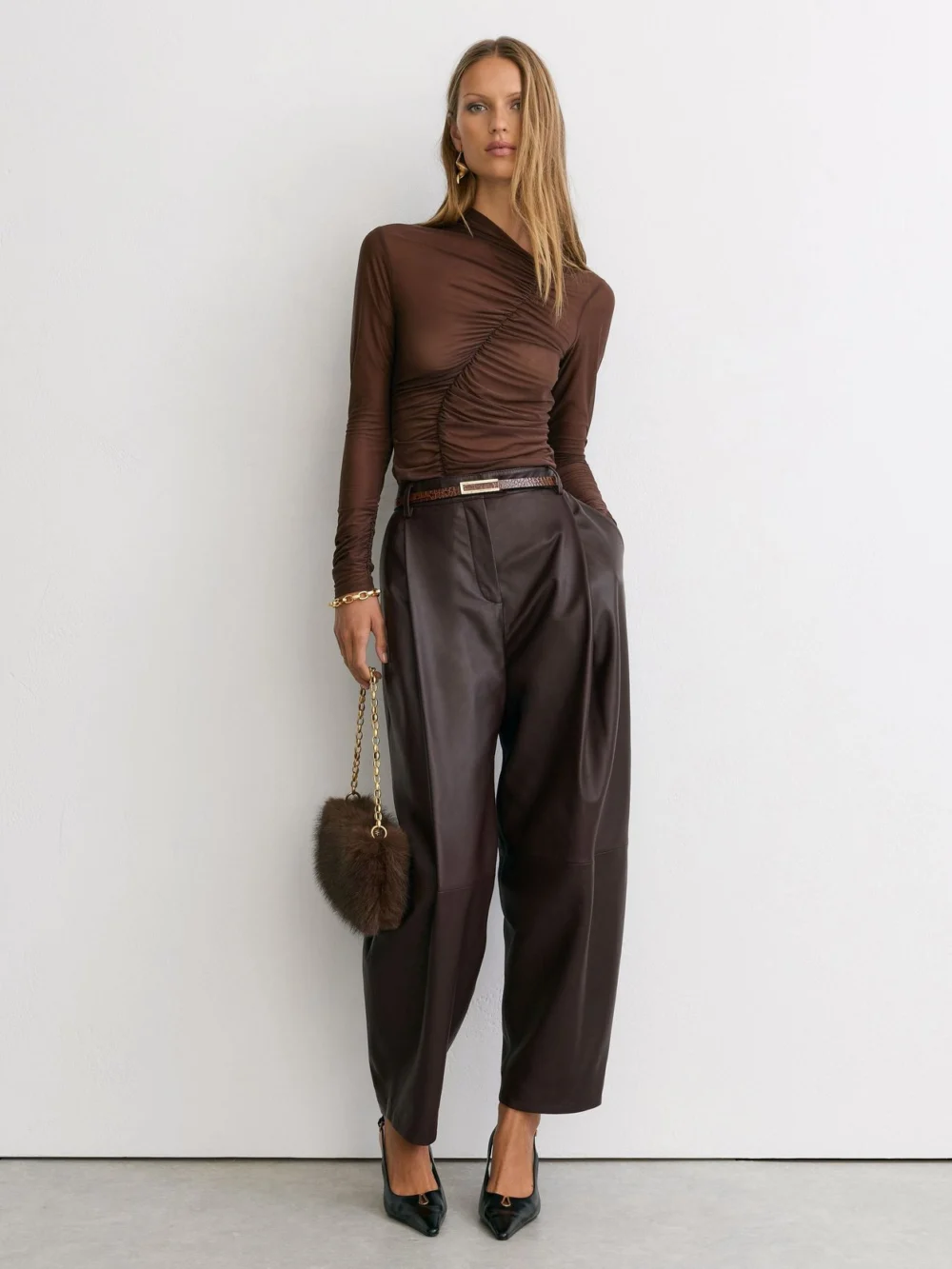Reiss Mocha Brown Ruched Sheer Long-sleeve Top, view 3