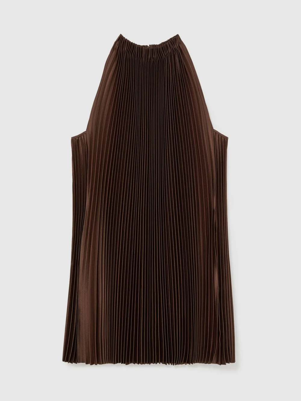 Reiss Mocha Brown Satin Pleated High-neck Mini Dress, view 2