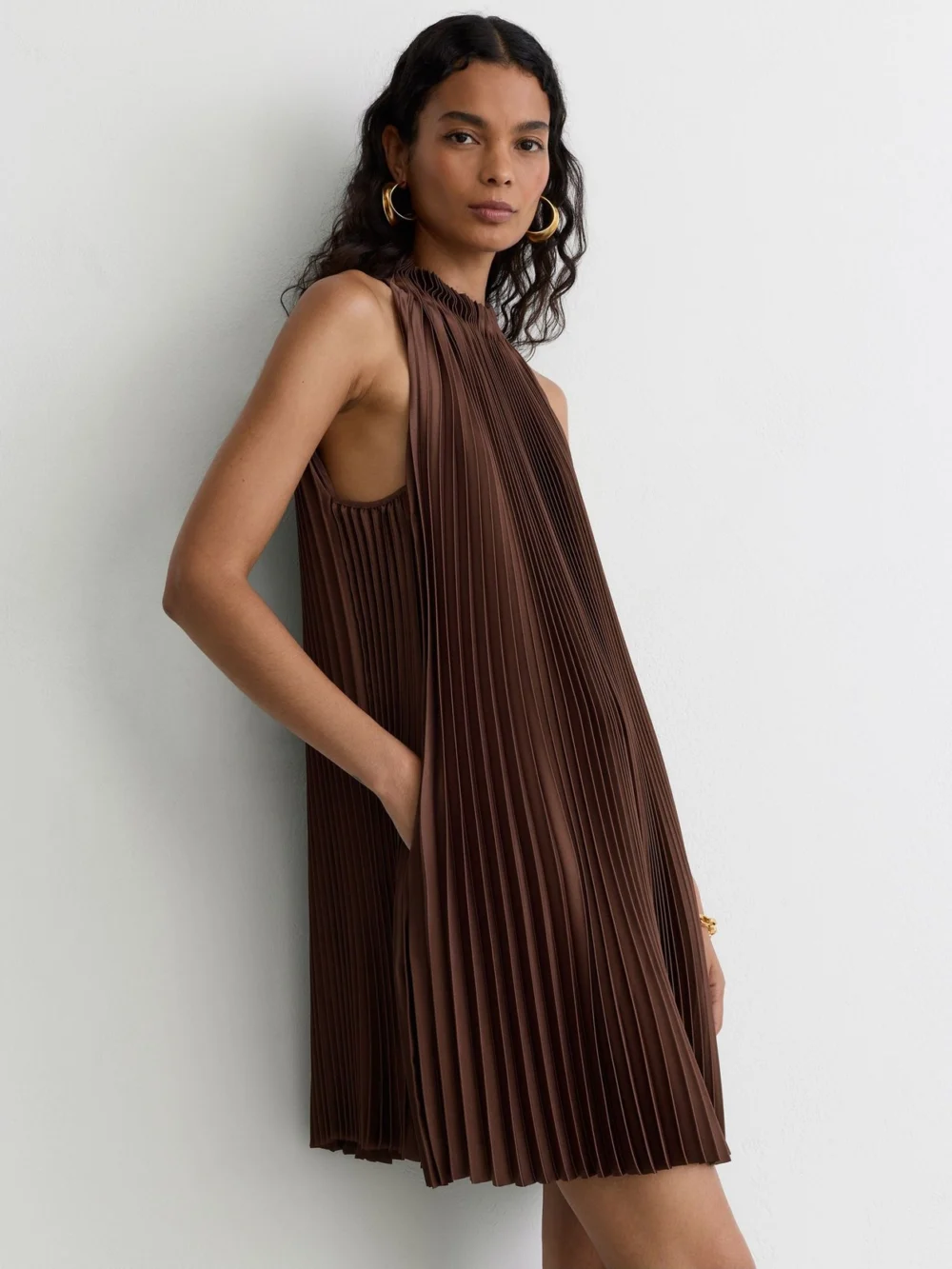 Reiss Mocha Brown Satin Pleated High-neck Mini Dress, view 3