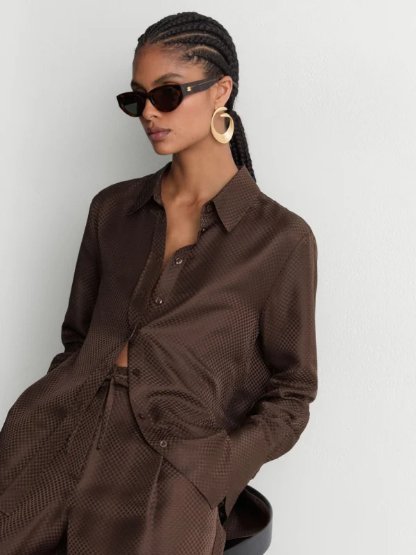 Reiss Mocha Brown Silk Jacquard Long-sleeve Shirt