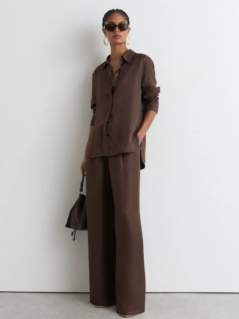 Reiss Mocha Brown Silk Jacquard Long-sleeve Shirt, view 3