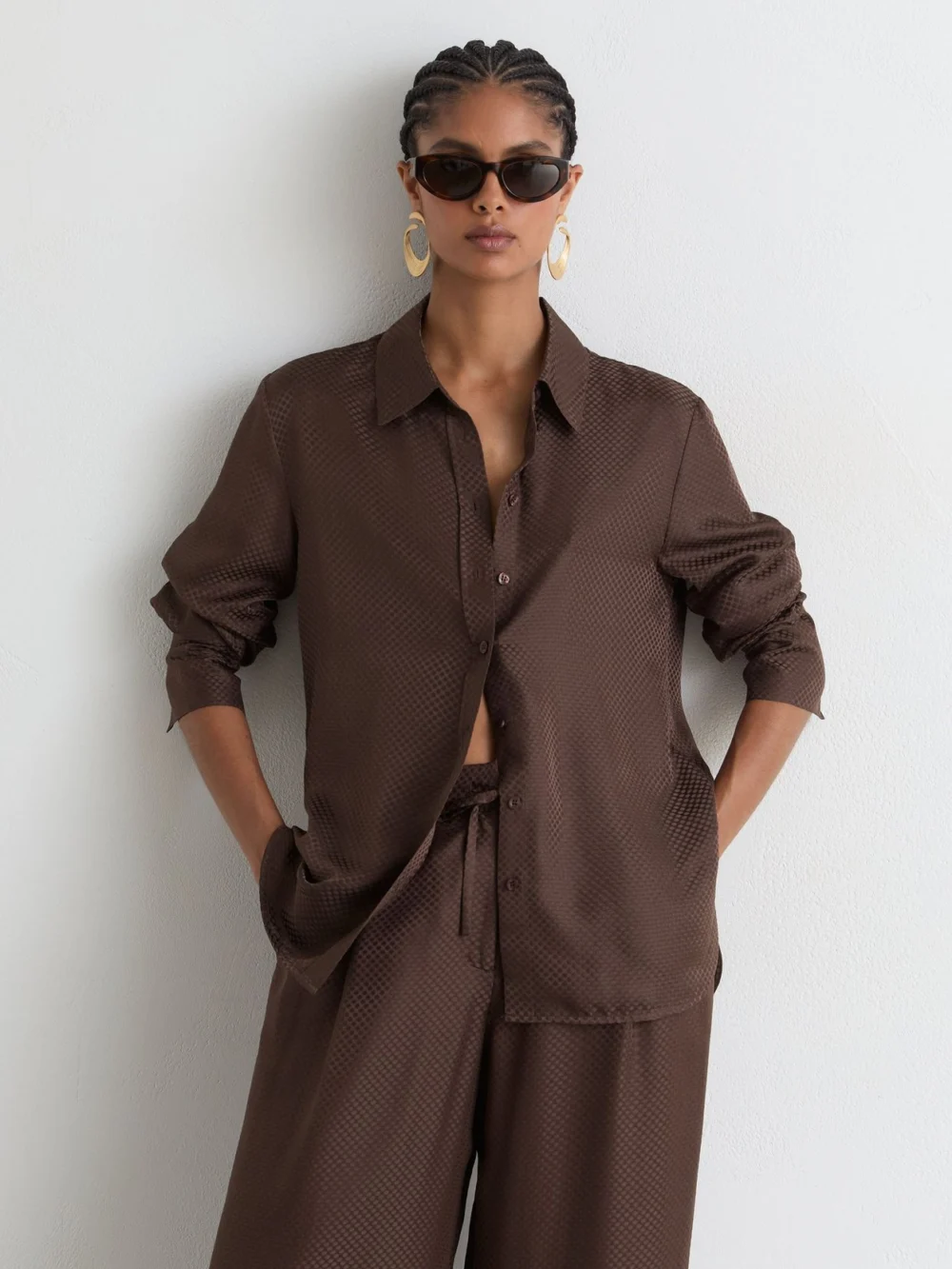 Reiss Mocha Brown Silk Jacquard Long-sleeve Shirt, view 4