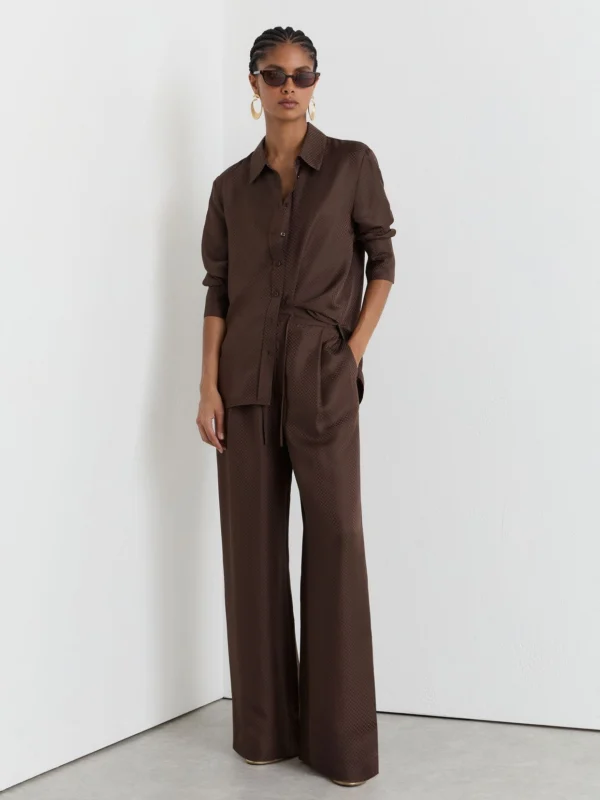 Reiss Mocha Brown Silk Jacquard Wide-leg Trousers