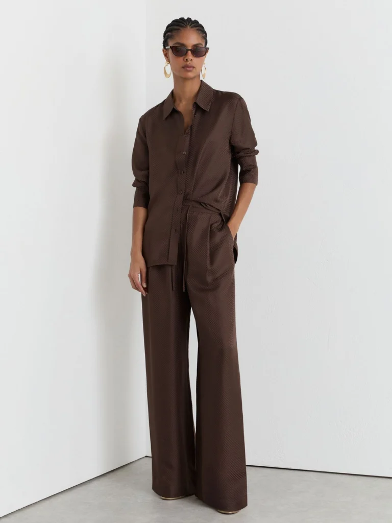 Reiss Mocha Brown Silk Jacquard Wide-leg Trousers
