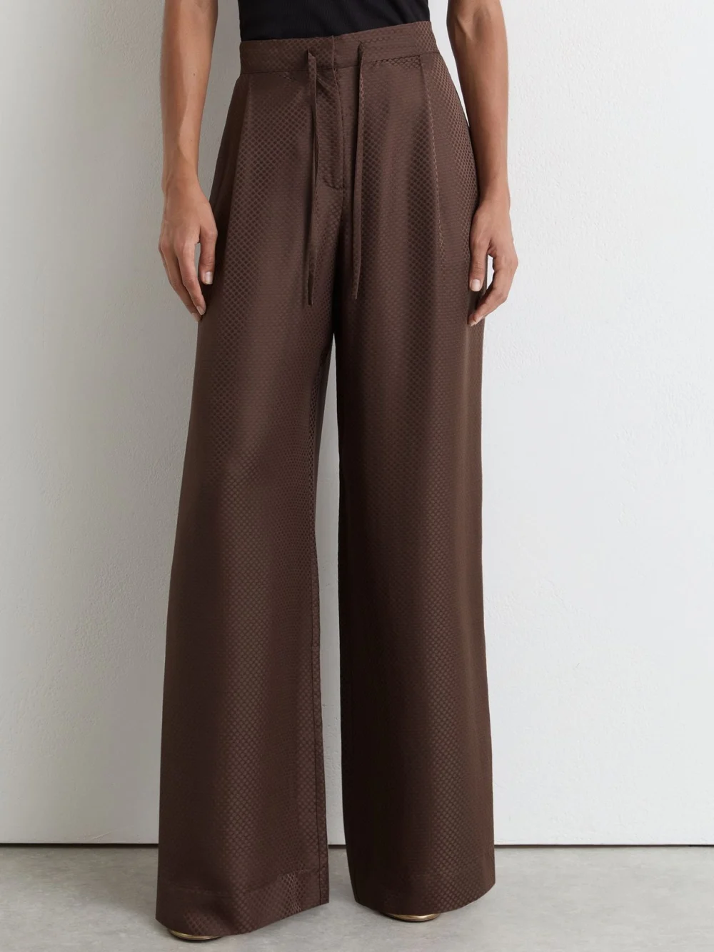 Reiss Mocha Brown Silk Jacquard Wide-leg Trousers, view 4