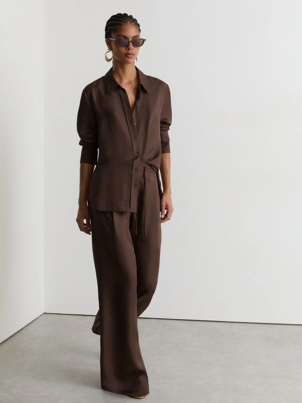 Reiss Mocha Brown Silk Jacquard Wide-leg Trousers, view 5