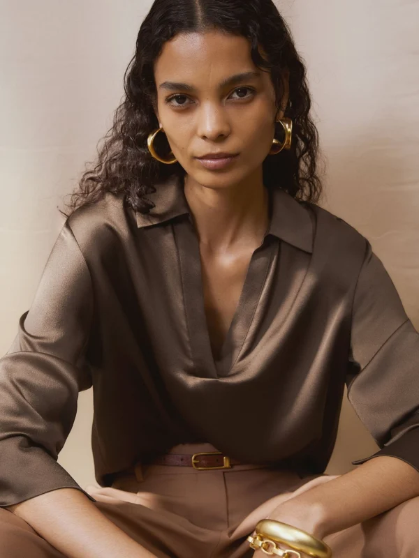 Reiss Mocha Brown Silk Open-collar Blouse