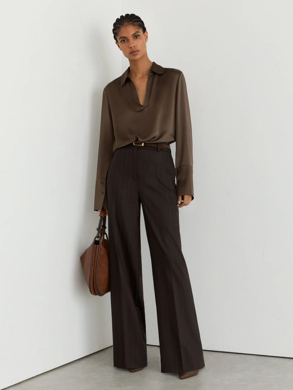 Reiss Mocha Brown Silk Open-collar Blouse, view 3