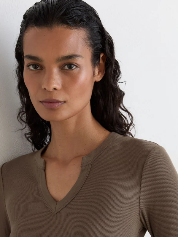 Reiss Mocha Brown Stretch-cotton Notch-neck Top