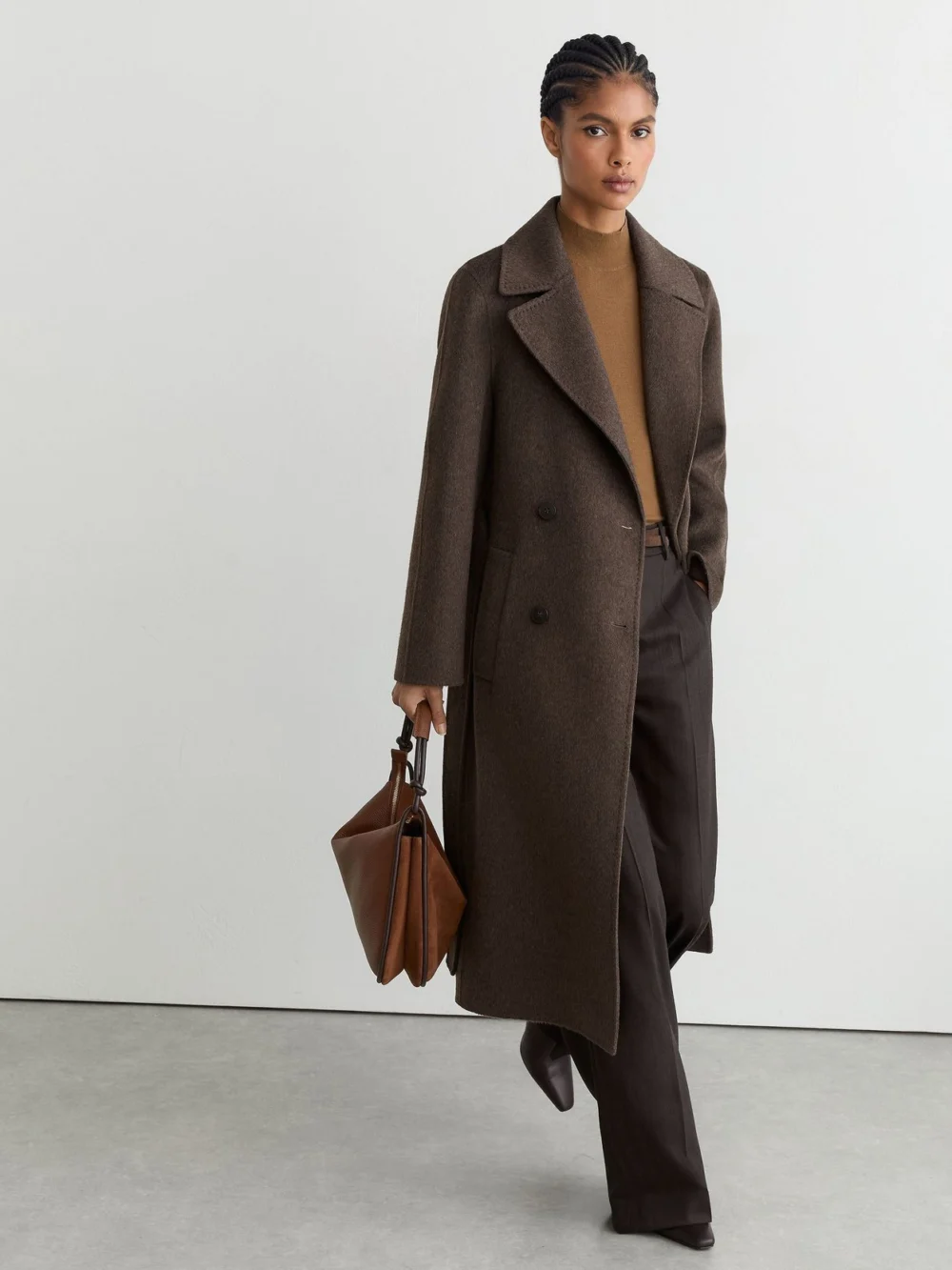 Reiss Mocha Brown Tall Double-breasted Blind-seam Coat Wool-blend with Cashmere, view 3