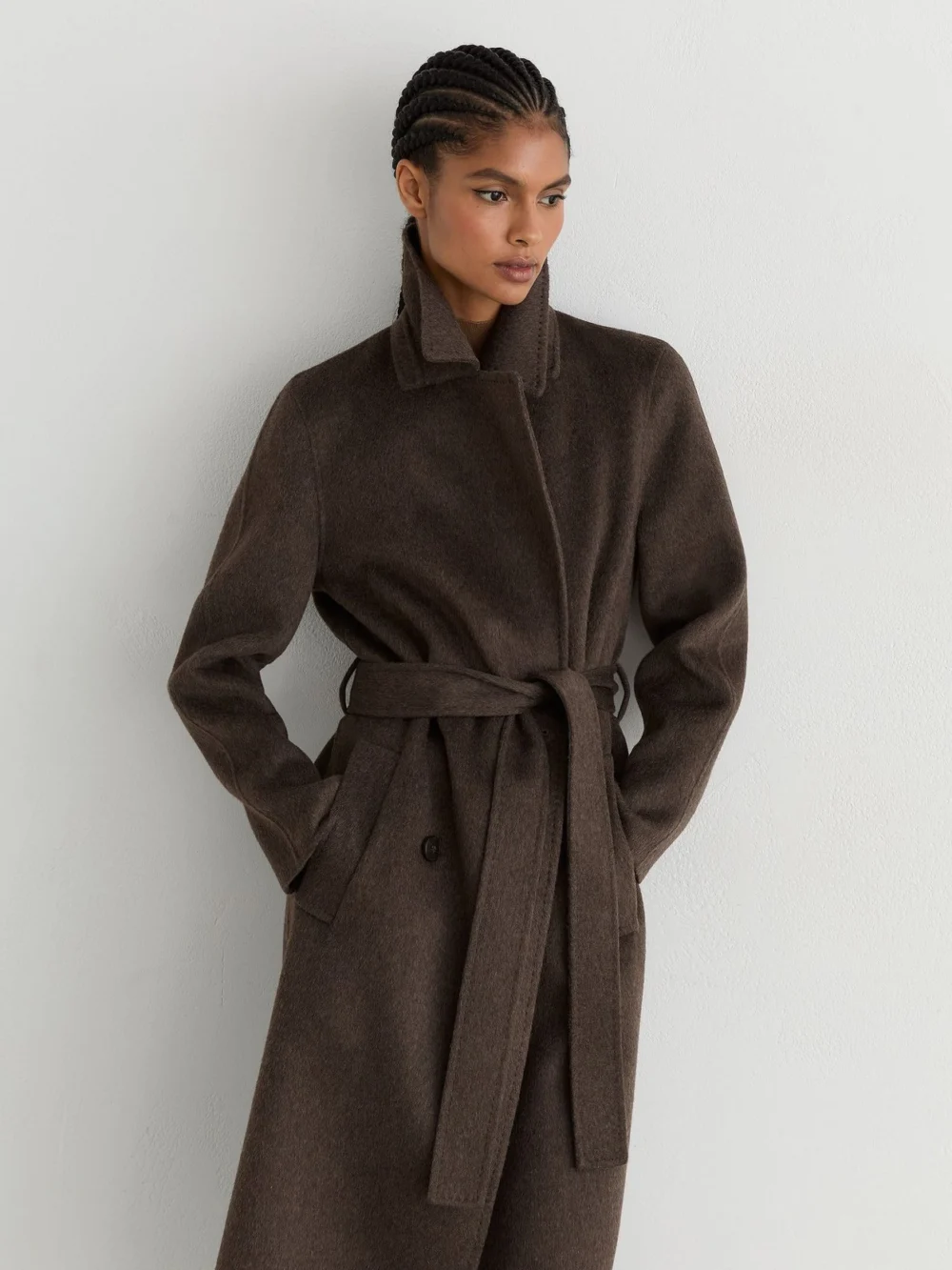 Reiss Mocha Brown Tall Double-breasted Blind-seam Coat Wool-blend with Cashmere, view 4