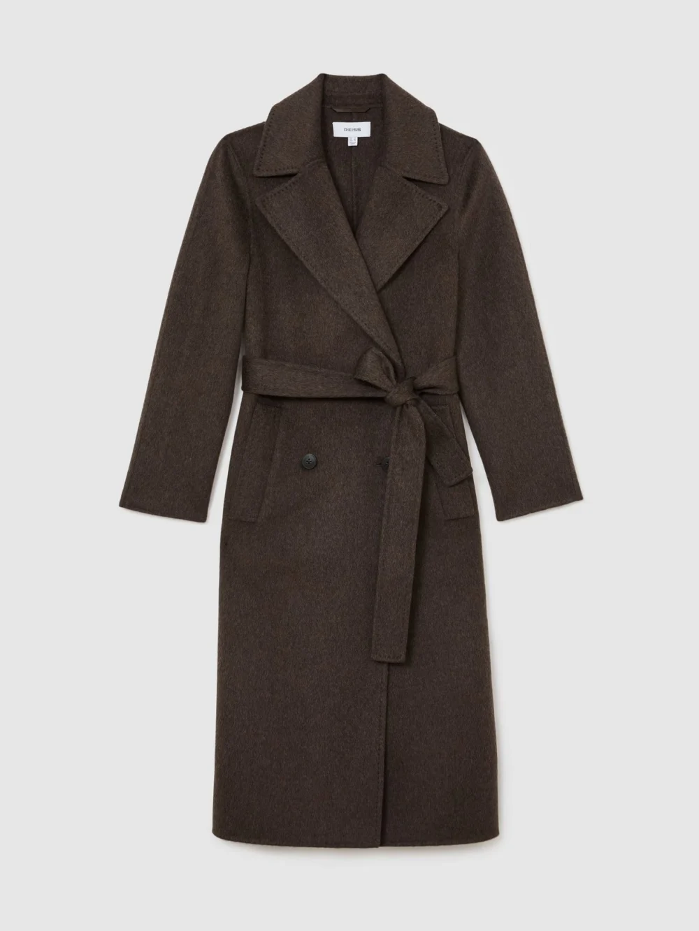 Reiss Mocha Brown Tall Double-breasted Blind-seam Coat Wool-blend with Cashmere, view 6