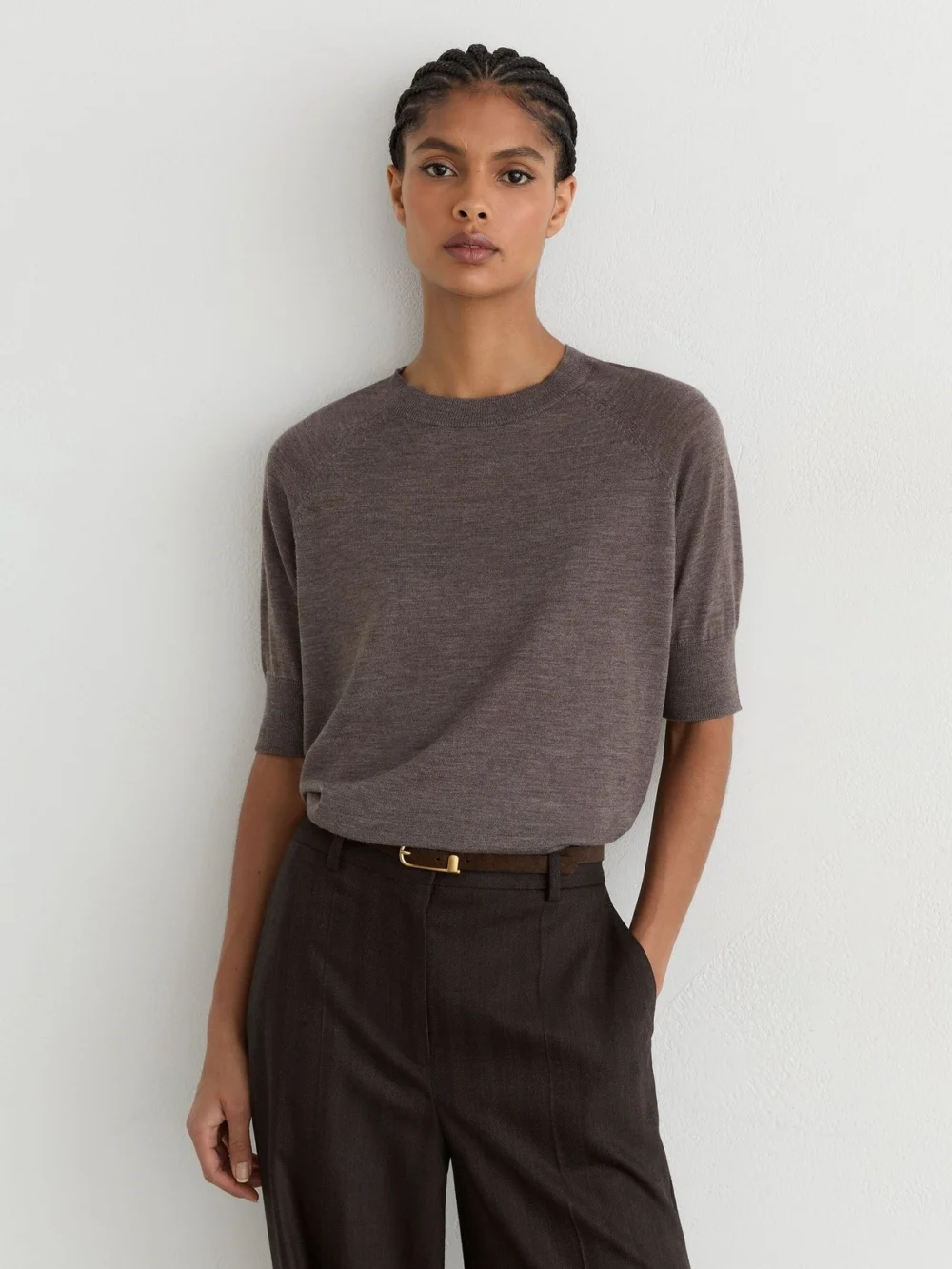 Reiss Mocha Brown Ultra-soft Merino Wool Crew-neck T-shirt, view 3