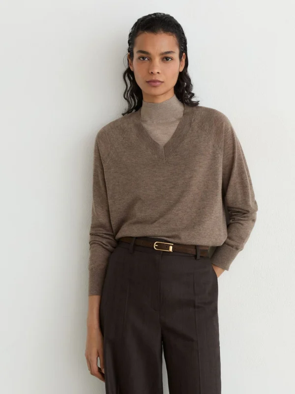 Reiss Mocha Brown Ultra-soft Merino Wool V-neck Jumper
