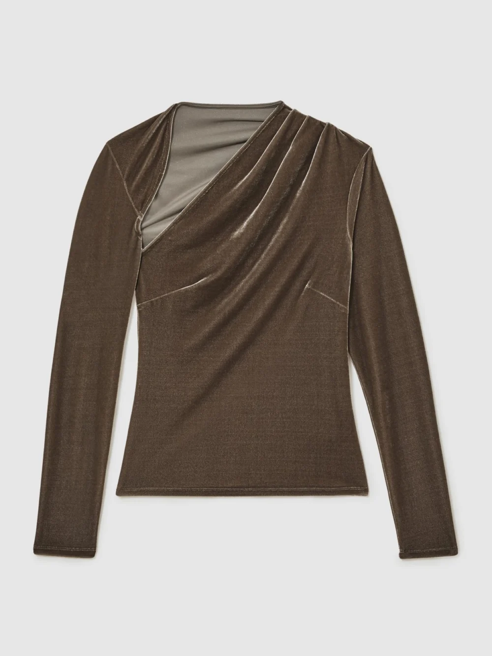 Reiss Mocha Brown Velvet Cut-out Long-sleeve Top, view 2