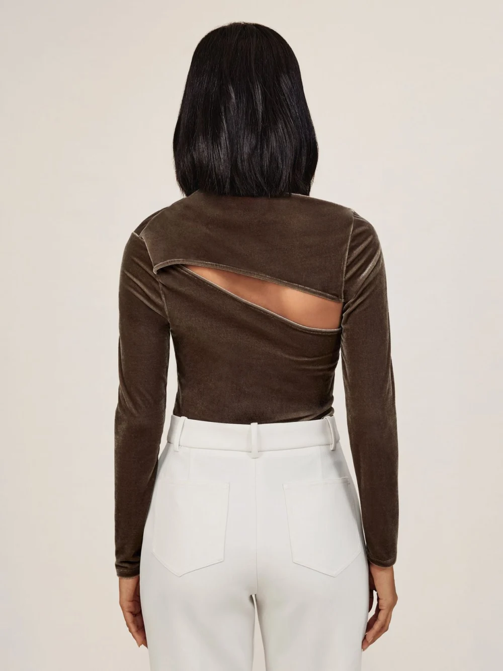Reiss Mocha Brown Velvet Cut-out Long-sleeve Top, view 4