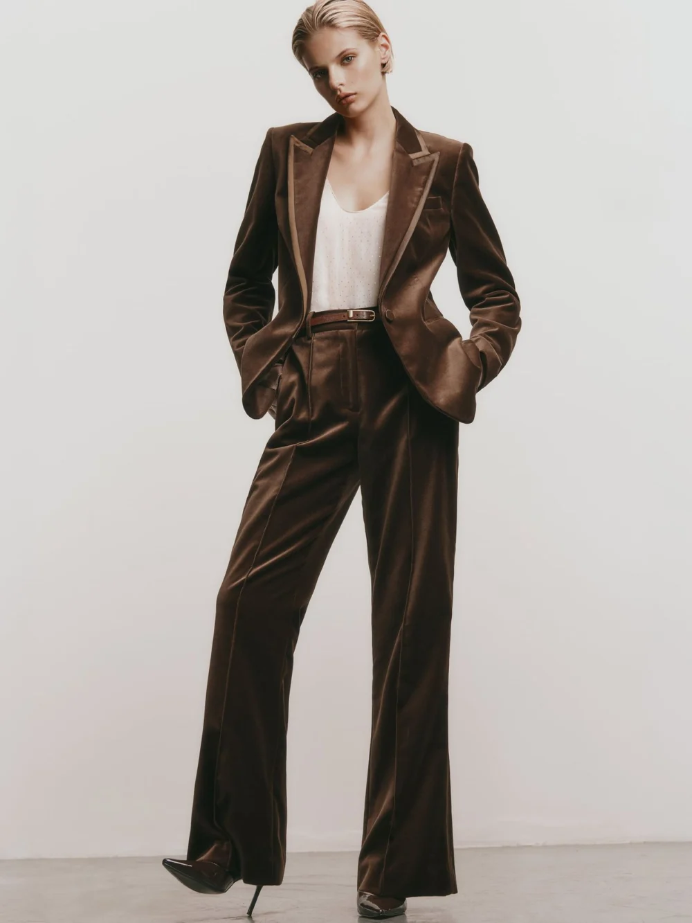 Reiss Mocha Brown Velvet Flared Tuxedo Trousers