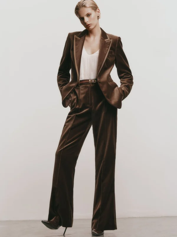Reiss Mocha Brown Velvet Flared Tuxedo Trousers