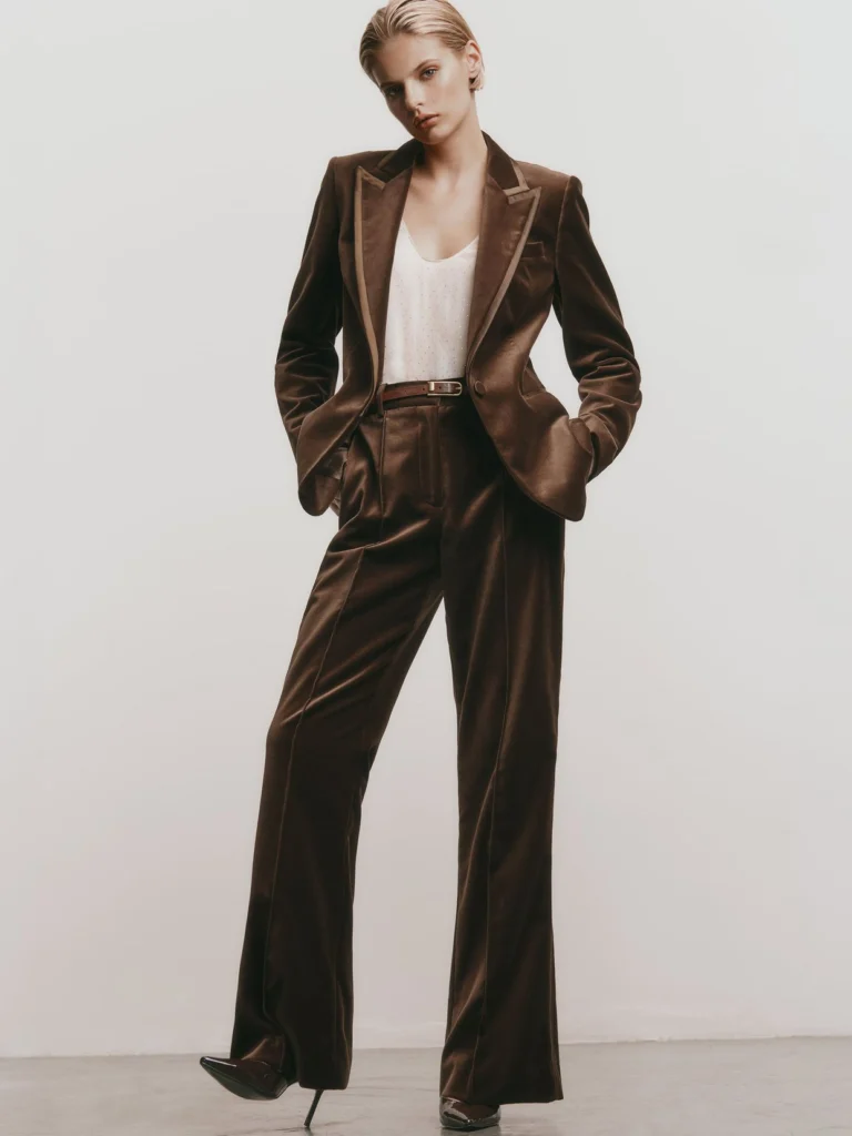 Reiss Mocha Brown Velvet Flared Tuxedo Trousers