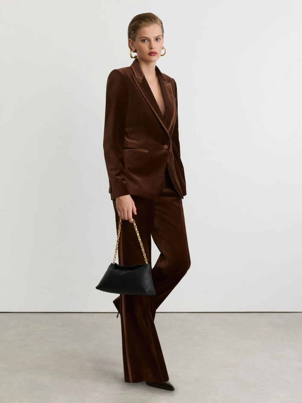 Reiss Mocha Brown Velvet Flared Tuxedo Trousers, view 3