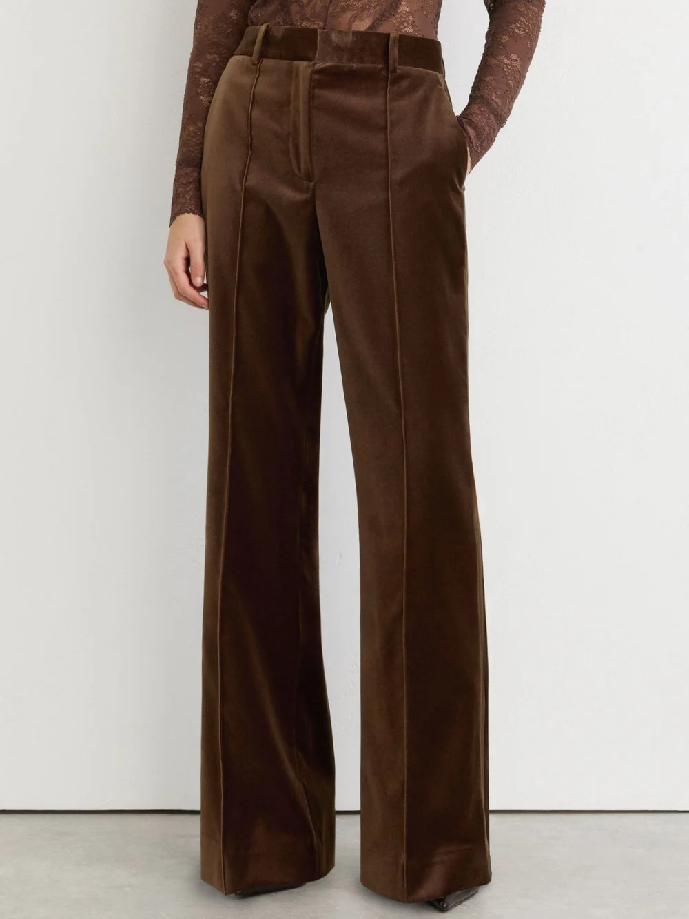 Reiss Mocha Brown Velvet Flared Tuxedo Trousers, view 4