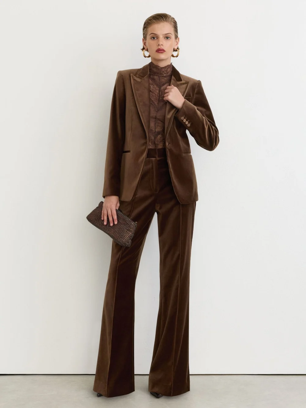 Reiss Mocha Brown Velvet Flared Tuxedo Trousers, view 5