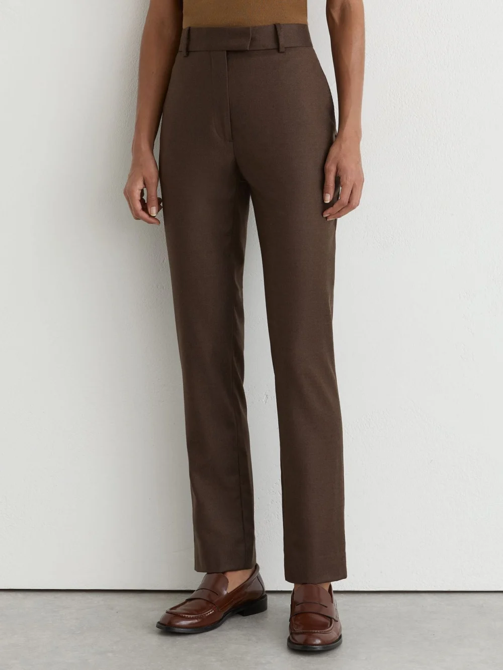 Reiss Mocha Brown Wool-blend Slim-leg Trousers, view 3