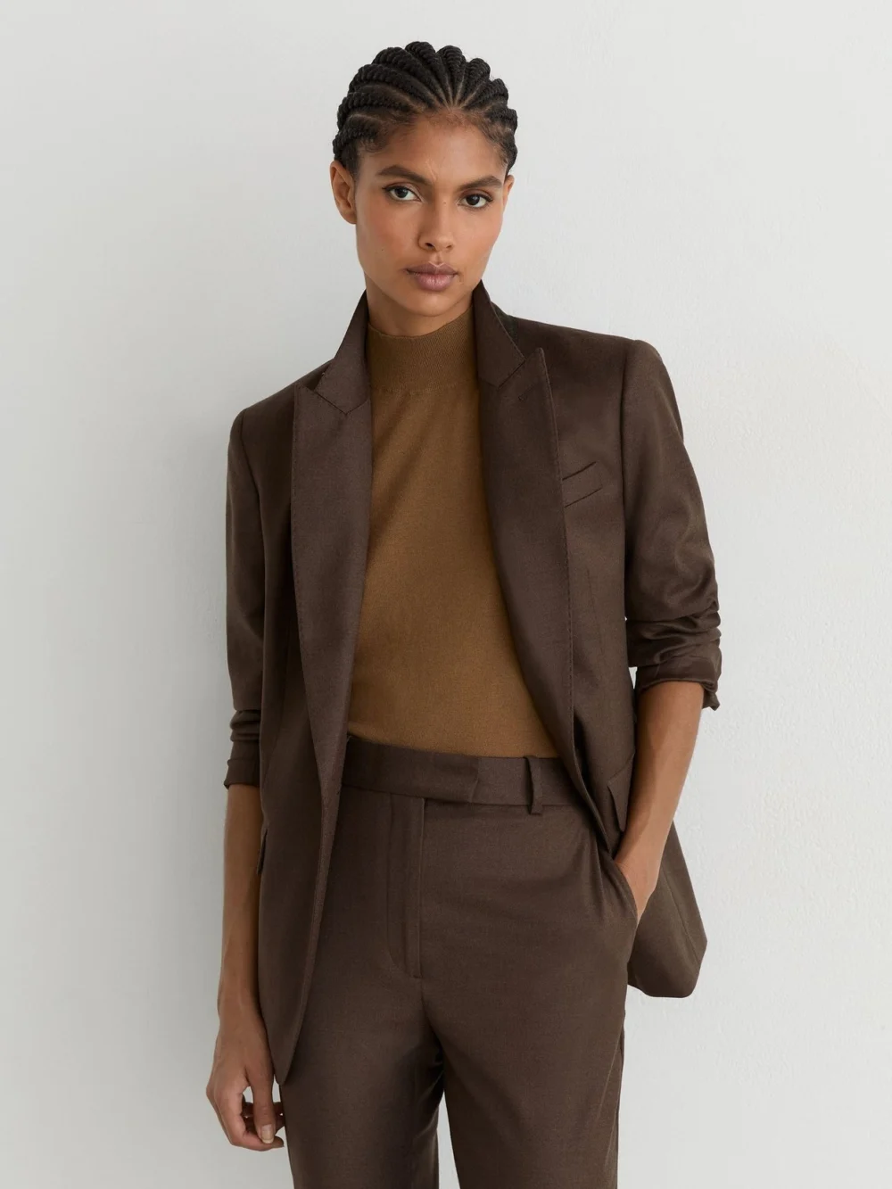 Reiss Mocha Brown Wool-blend Slim-leg Trousers, view 4