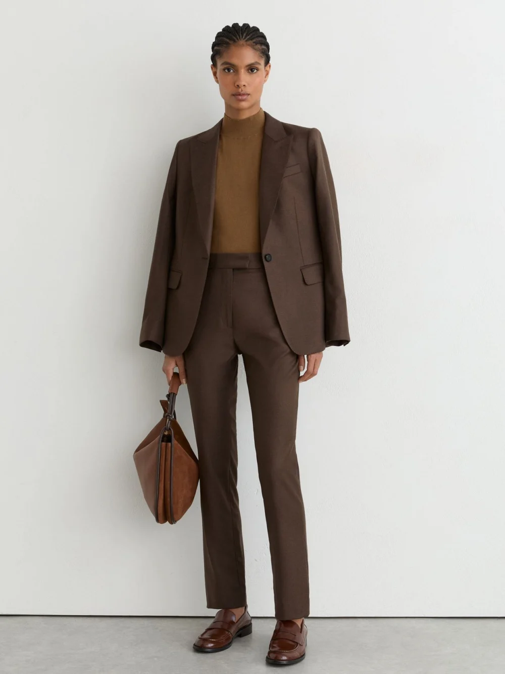 Reiss Mocha Brown Wool-blend Slim-leg Trousers, view 5