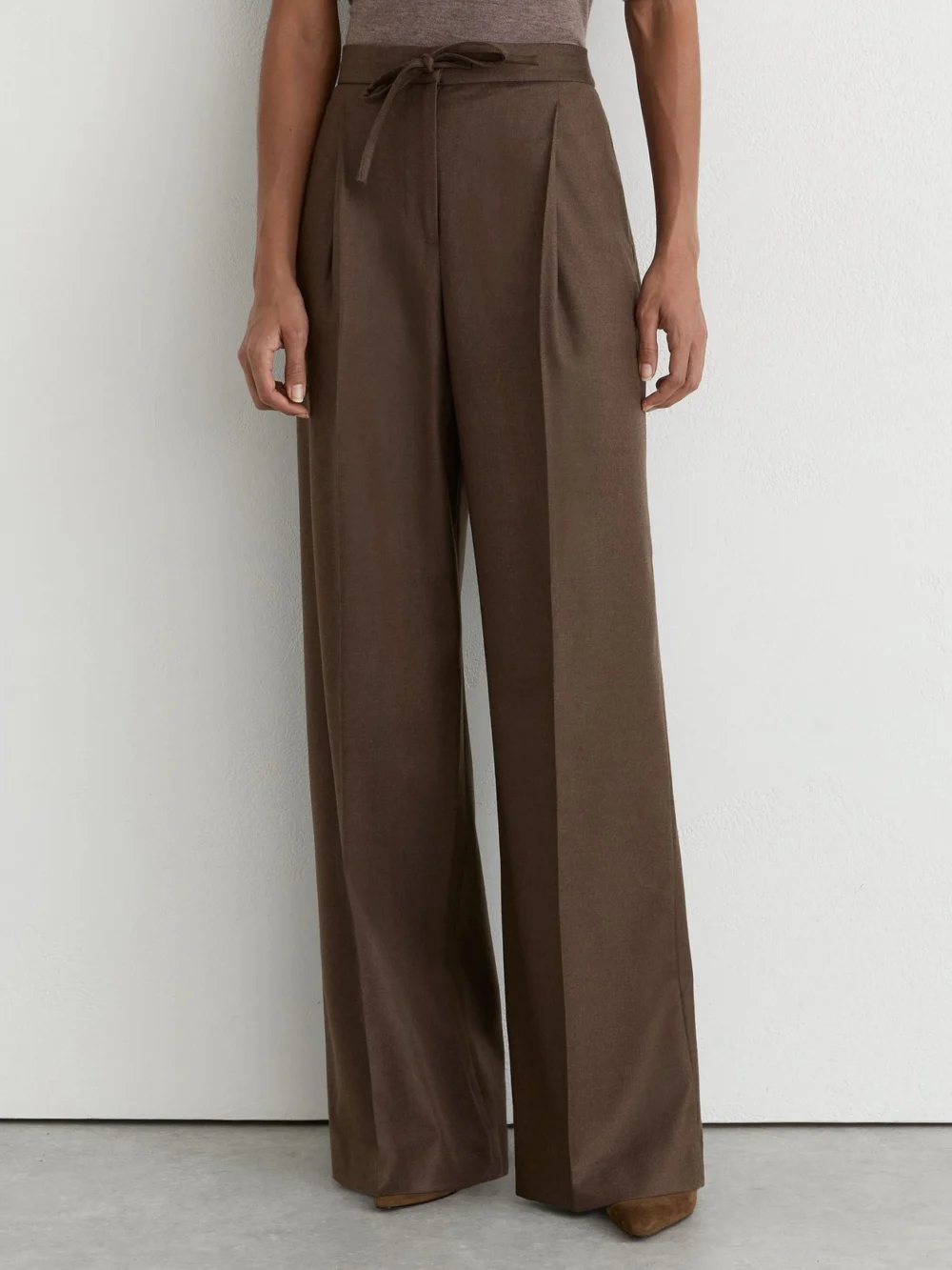 Reiss Mocha Brown Wool-blend Wide-leg Drawstring Trousers, view 3