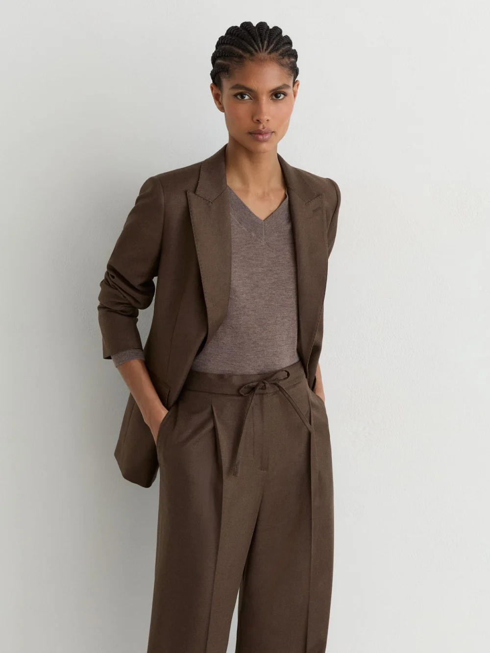 Reiss Mocha Brown Wool-blend Wide-leg Drawstring Trousers, view 4