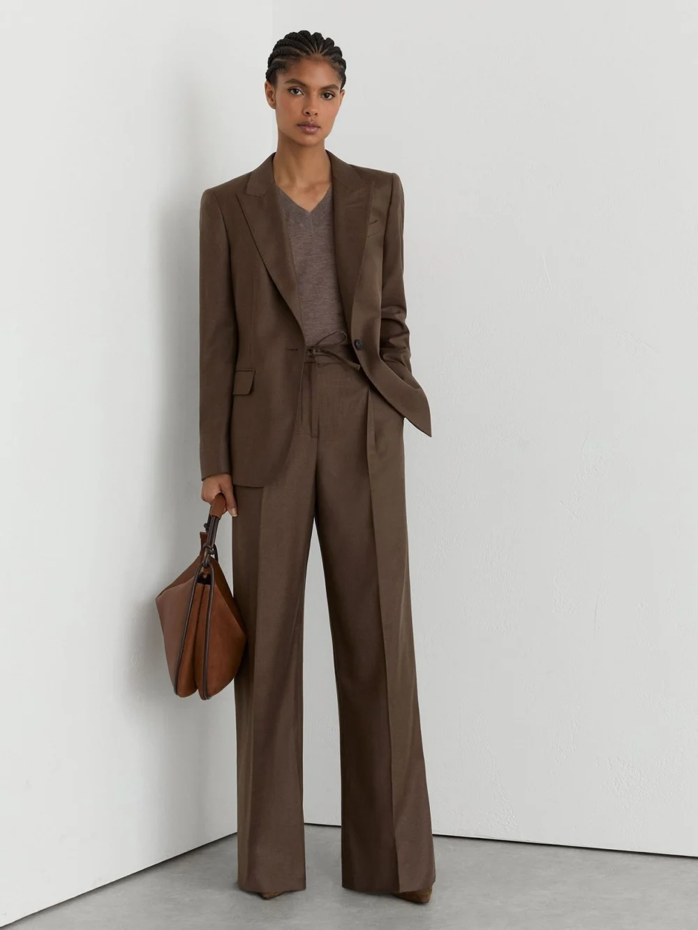 Reiss Mocha Brown Wool-blend Wide-leg Drawstring Trousers, view 5