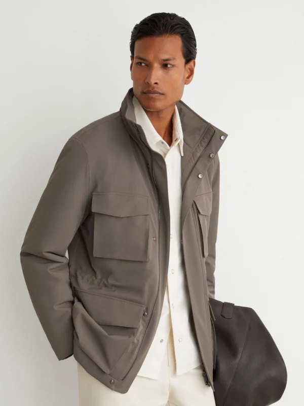 Reiss Mushroom Brown Four-pocket Hooded Jacket with Removable Gilet