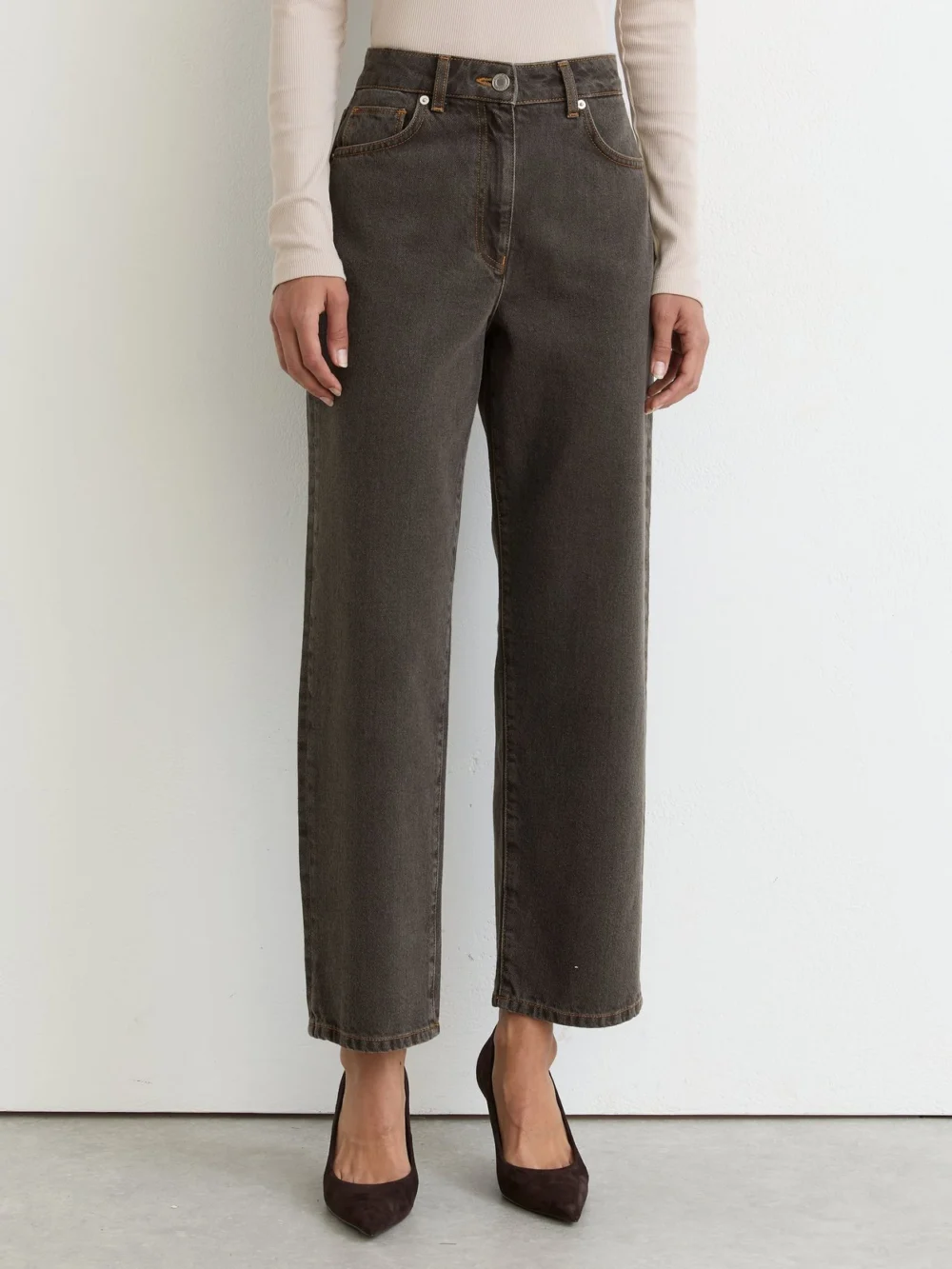 Reiss Mushroom Brown Mid-rise Straight-leg Jeans, view 3
