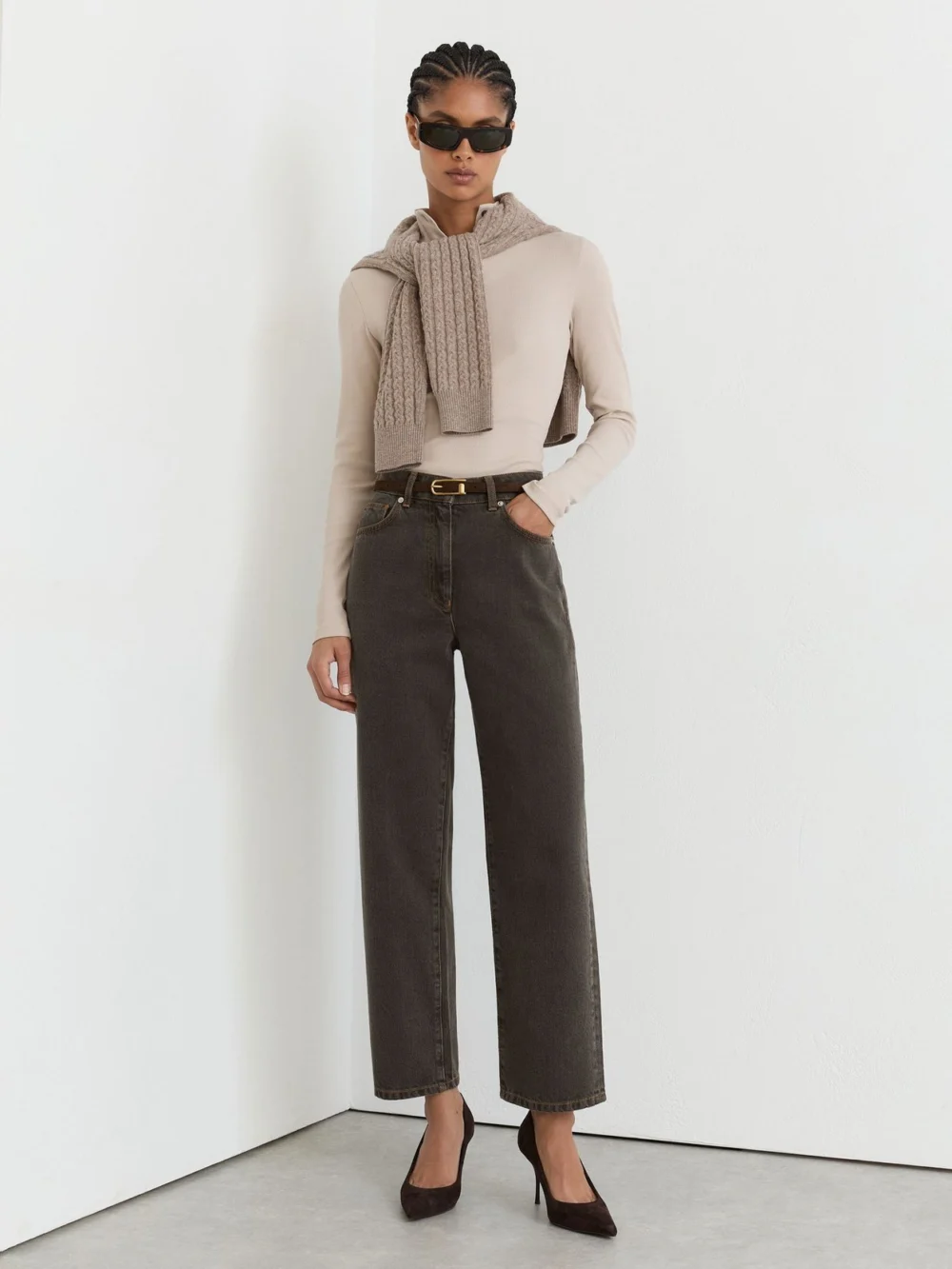 Reiss Mushroom Brown Mid-rise Straight-leg Jeans, view 5