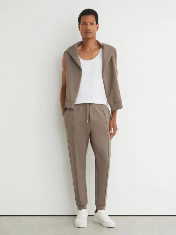 Reiss Mushroom Brown Sueded Interlock Jersey Cuffed Joggers