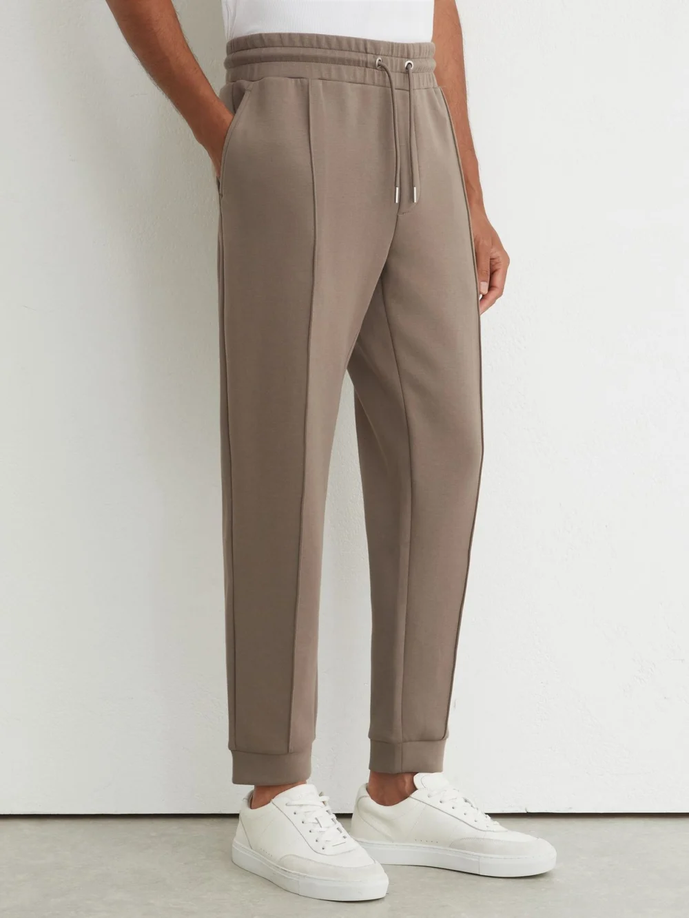 Reiss Mushroom Brown Sueded Interlock Jersey Cuffed Joggers, view 3