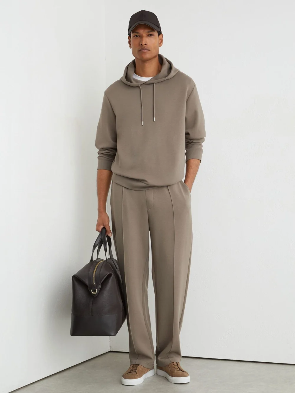 Reiss Mushroom Brown Sueded Interlock Jersey Hoodie