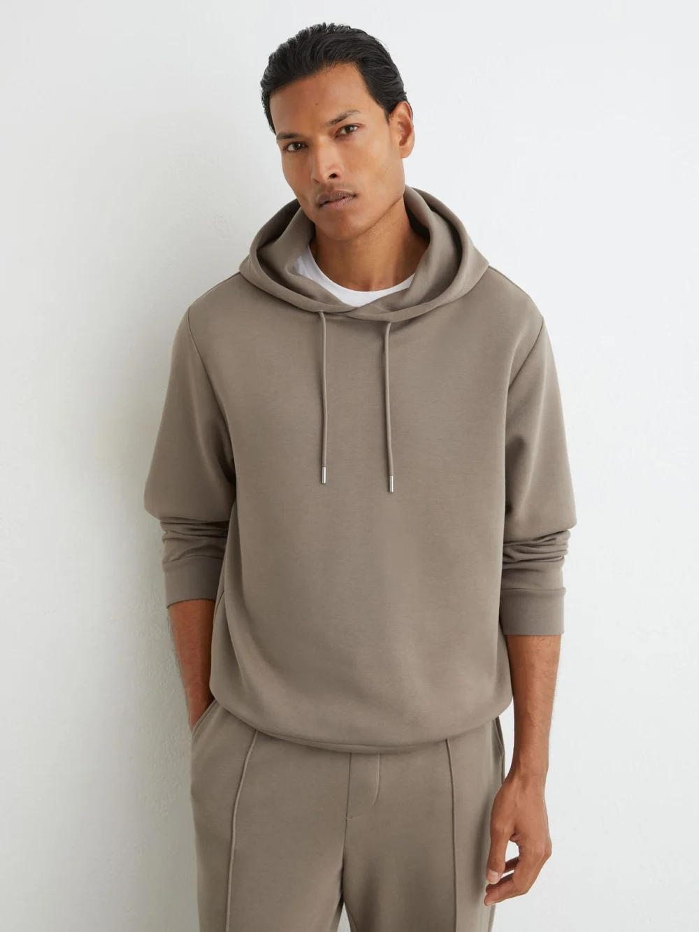 Reiss Mushroom Brown Sueded Interlock Jersey Hoodie, view 3
