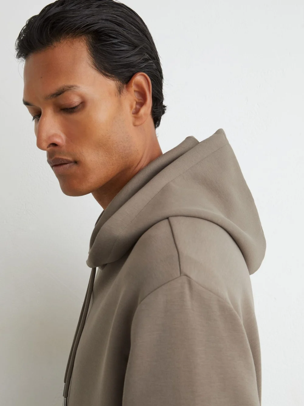 Reiss Mushroom Brown Sueded Interlock Jersey Hoodie, view 4