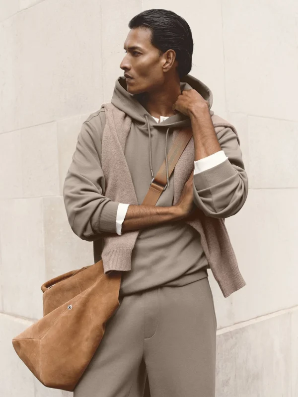 Reiss Mushroom Brown Sueded Interlock Jersey Relaxed-fit Hoodie
