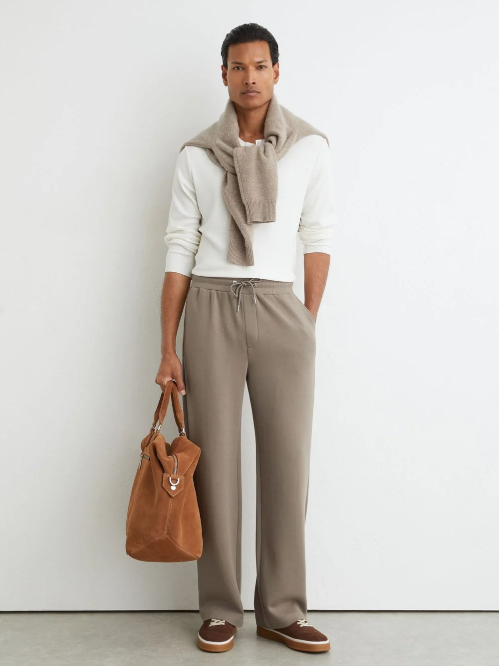 Reiss Mushroom Brown Sueded Interlock Jersey Relaxed-fit Joggers, view 2