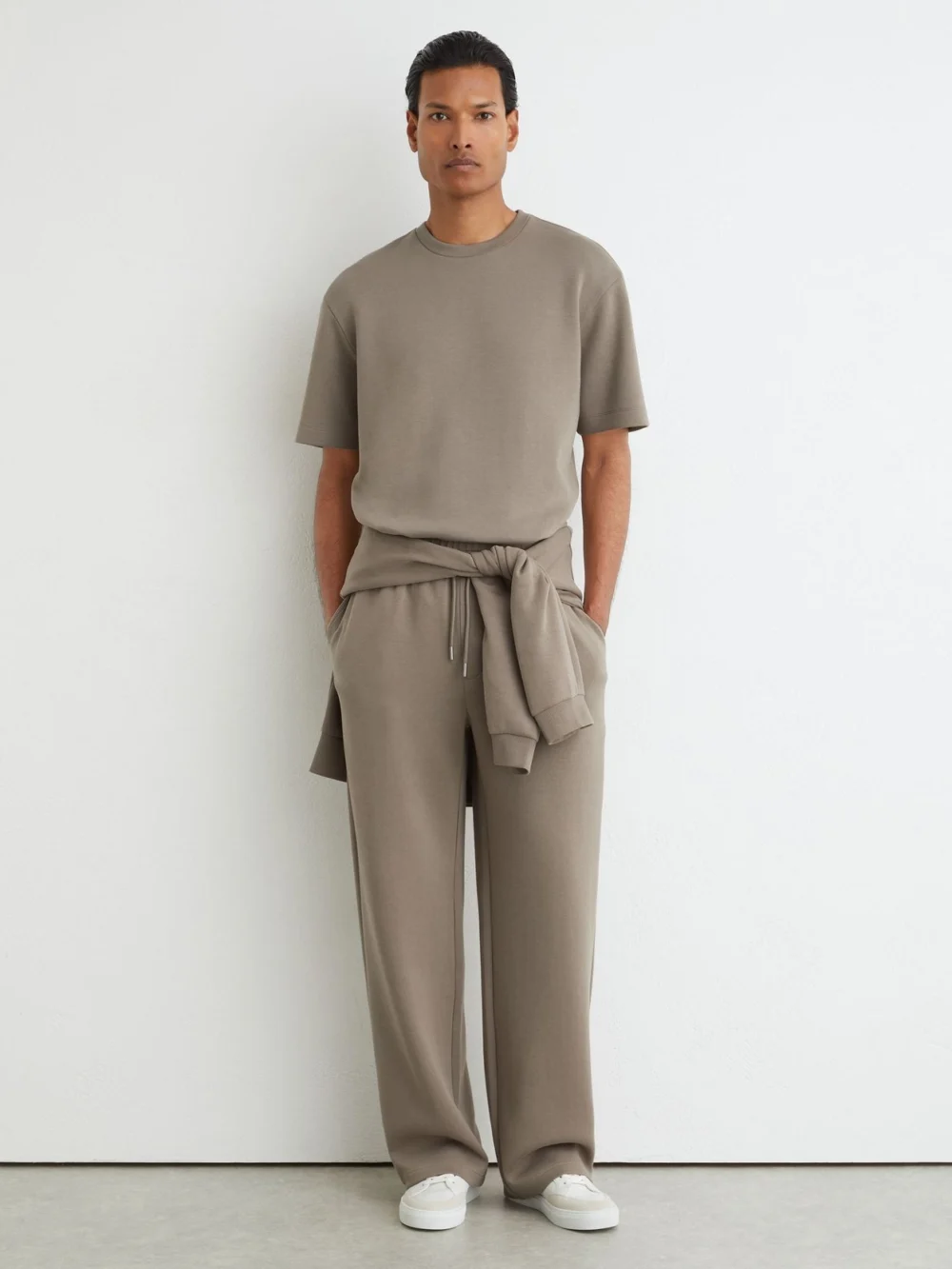 Reiss Mushroom Brown Sueded Interlock Jersey Relaxed-fit T-shirt