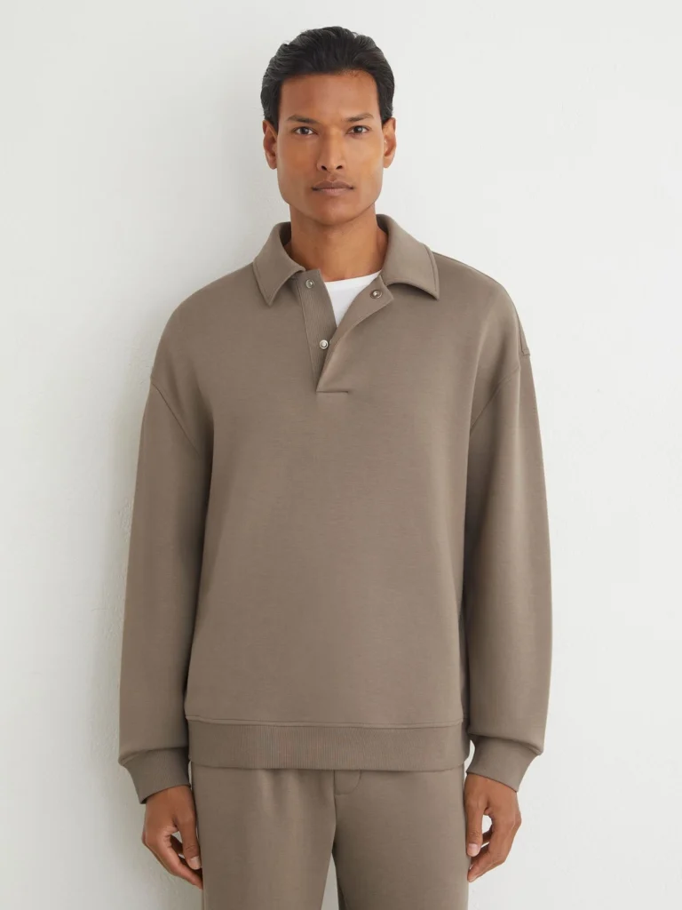 Reiss Mushroom Brown Sueded Interlock Jersey Relaxed Polo Sweatshirt
