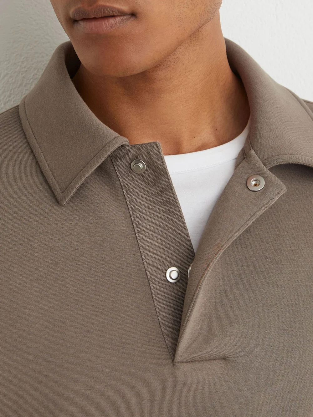 Reiss Mushroom Brown Sueded Interlock Jersey Relaxed Polo Sweatshirt, view 3