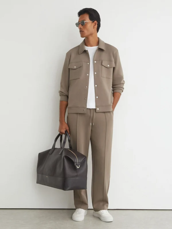 Reiss Mushroom Brown Sueded Interlock Jersey Twin-pocket Overshirt