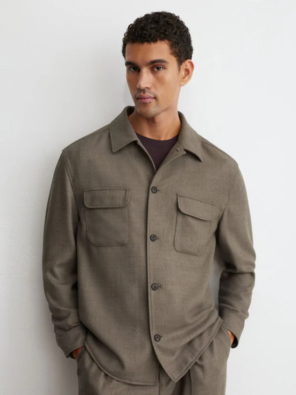 Reiss Mushroom Brown Terrain Wool-blend Twill Twin-pocket Overshirt