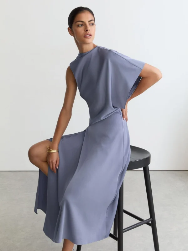 Reiss Naomi Lilac Purple Petite Satin One-shoulder Draped Midi Dress