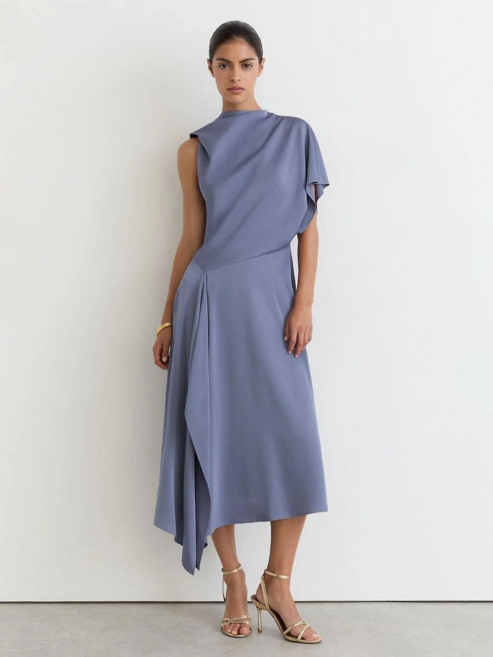 Reiss Naomi Lilac Purple Petite Satin One-shoulder Draped Midi Dress, view 3