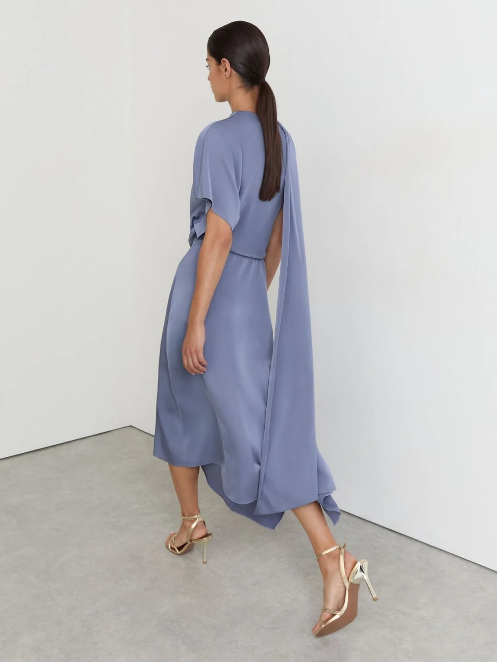 Reiss Naomi Lilac Purple Petite Satin One-shoulder Draped Midi Dress, view 4